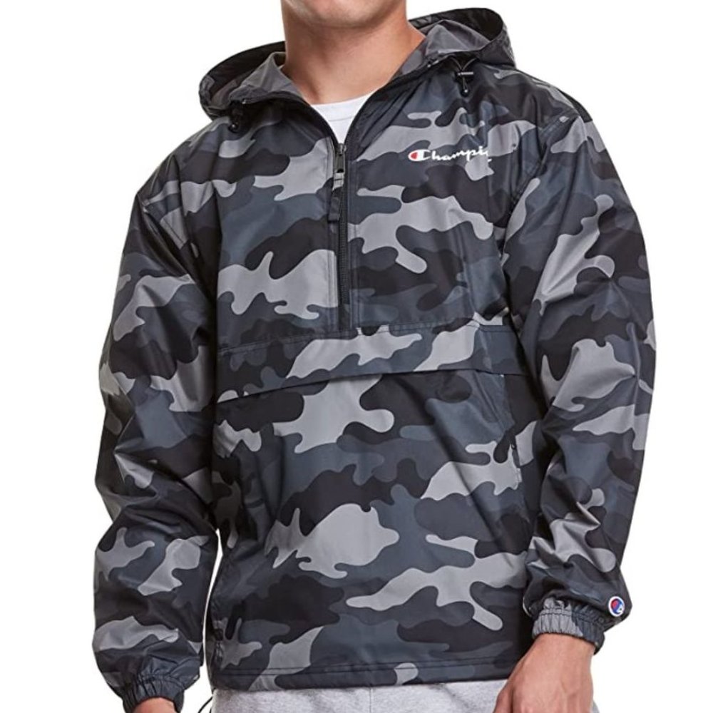 Champion Men's Packable Camo All Over Print Jacket Gray Black Size Small